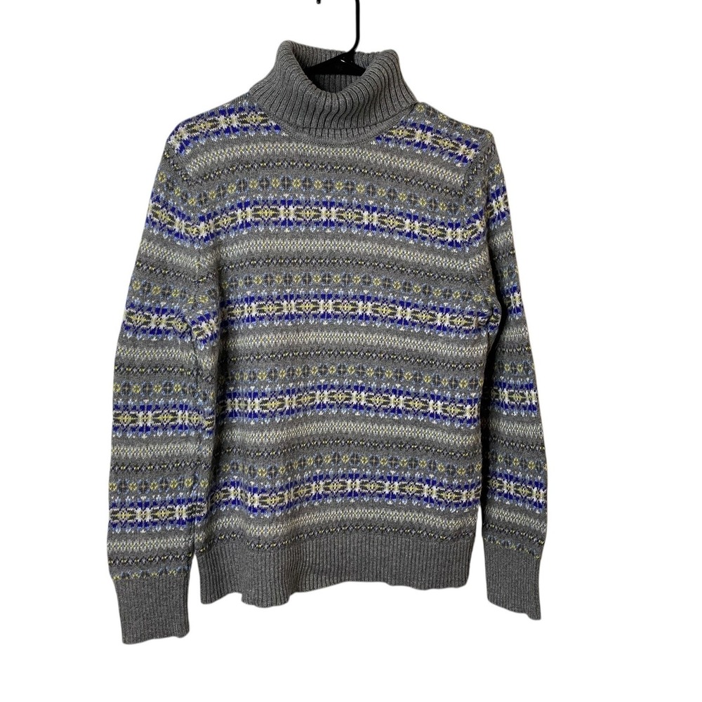 Lands End Fair Isle Turtleneck Sweater Gray Blue Boys Large 14 16 Wool Blend